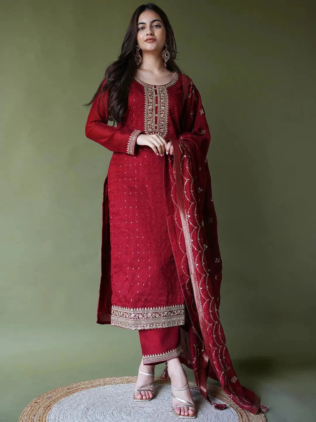 Cozy Knits Maroon Embroidered Silk Blend Straight Kurta With Trousers & Dupatta