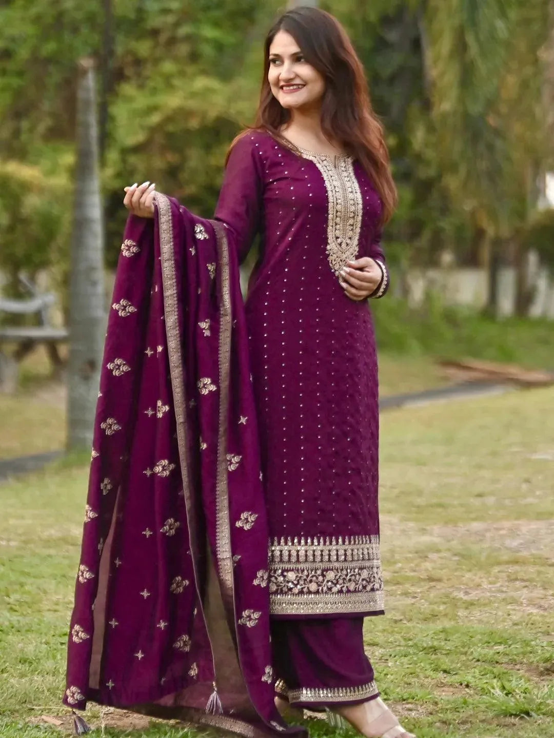 Relaxed Tops Purple Embroidered Silk Blend Pakistani Suit