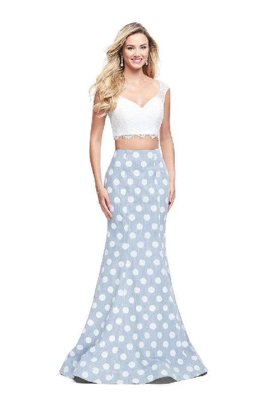 Effortless Dressing La Femme - 26206 Two Piece Lace and Denim Polka Dot Trumpet Gown Effortless Dressing La Femme - 26206 Two Piece Lace and Denim Polka Dot Trumpet Gown