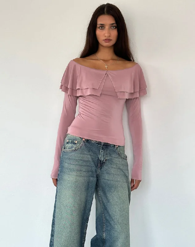 Classic Comfort Annia Ruffle Bardot Soft Touch Top in Pink