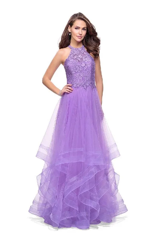 Cozy Fashions La Femme - 25671 High Halter Lace Bodice Tiered Tulle Gown