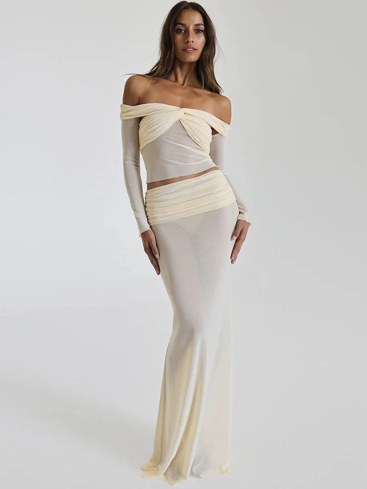 Casual Fit A&A Two Piece Sheer Off-shoulder Top And Maxi Skirt Set