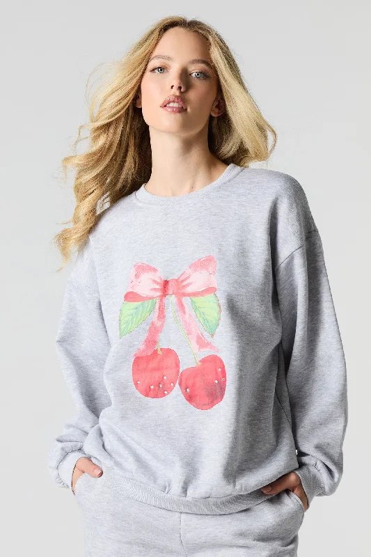 Everyday Style Oversized Cutesy Graphic Rhinestone Fleece Sweatshirt