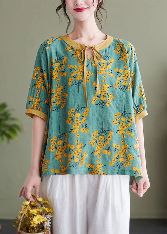 Comfortable Lounge Wear Beautiful Green Print Clothes Ruffled Asymmetric Plus Size Clothing Top