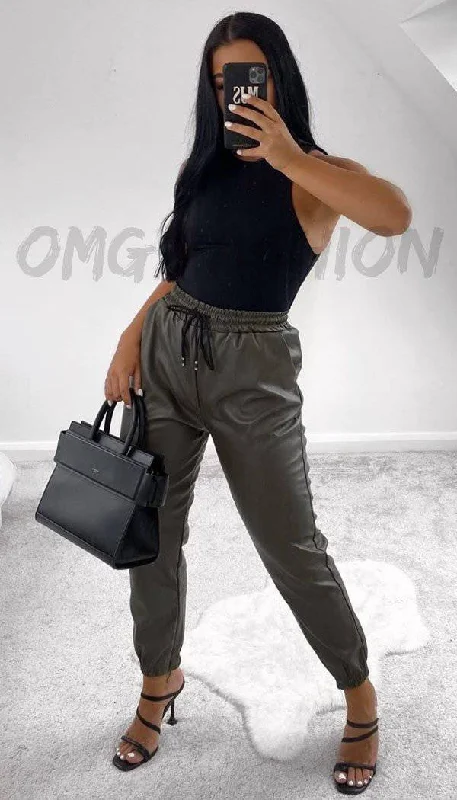 Breathable Style Faux Leather Look Joggers In Khaki