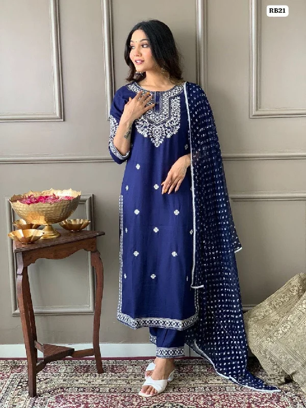 Cozy Fashion Dark Blue Heavy Rayon Straight Mirror Work Kurti with Dupatta and Pant