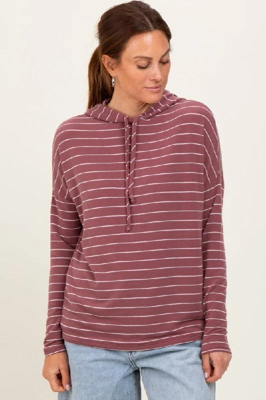 Chic Comfort Wear Mauve Striped Drawstring Hoodie Top