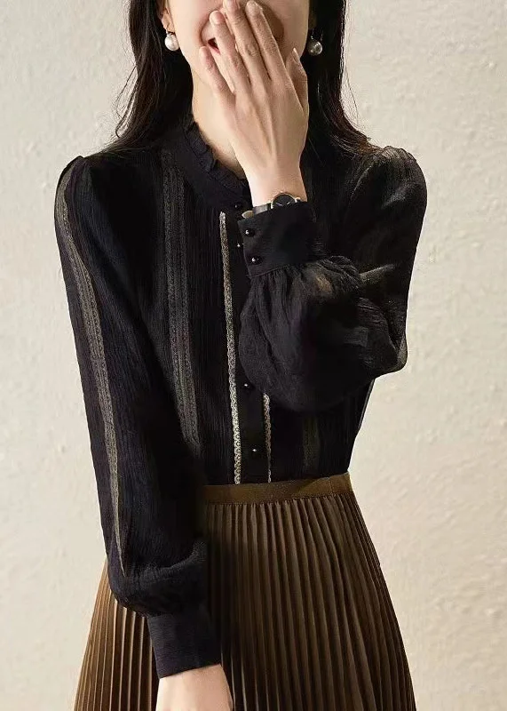 Modern Chic Fine Black Stand Collar Button Ruffled Patchwork Chiffon Tops Long Sleeve Modern Chic Fine Black Stand Collar Button Ruffled Patchwork Chiffon Tops Long Sleeve