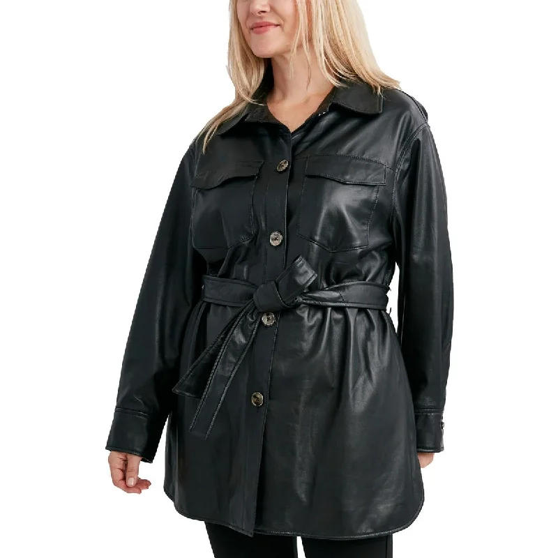 Trendy Looks Tahari Womens Plus Liv Leather Belted Leather Jacket