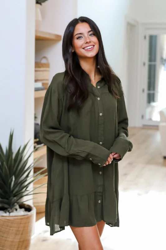 Elegant Casuals FINAL SALE - Approachably Adorable Olive Button Front Mini Dress