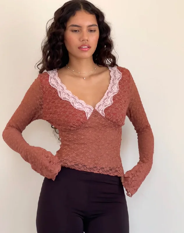 Breezy Comfort Chantal Long Sleeve Lace Top in Withered Rose