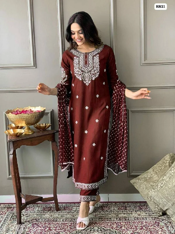 Sporty Comfort Maroon Heavy Rayon Straight Mirror Work Kurti with Dupatta and Pant