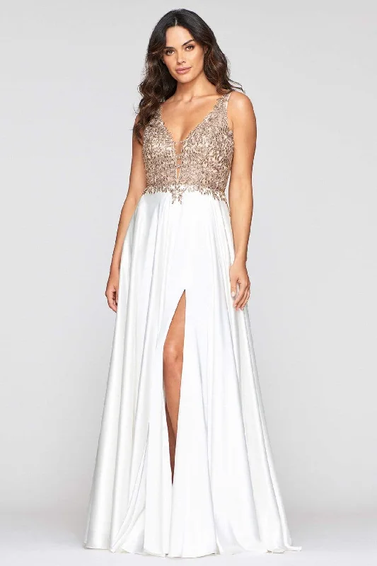 Cozy Fashions Faviana - Lace Bodice Satin High Slit Dress 10407