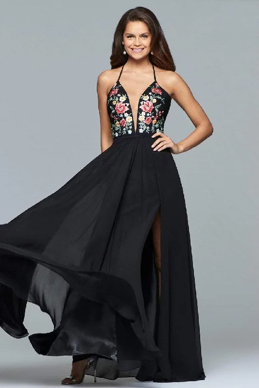 Versatile Casuals Faviana - Plunging Floral Embroidered Chiffon Gown 10000