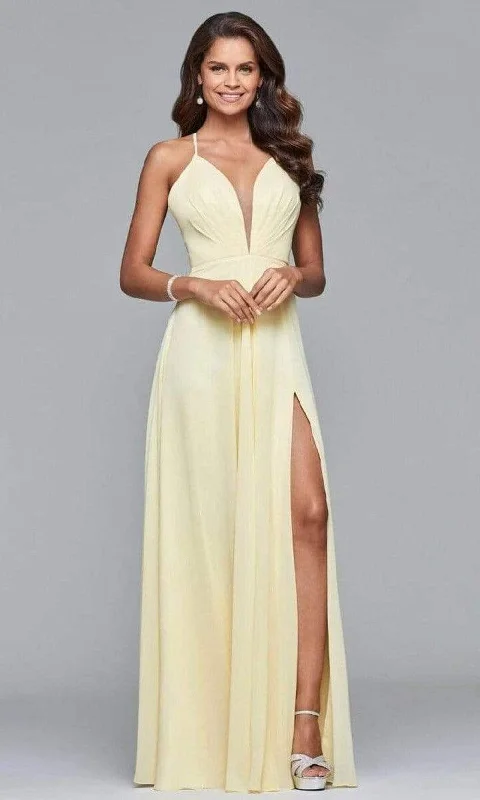 Relaxed Jackets Faviana - Plunging V-Neck Flowy High Slit Chiffon Dress 7747