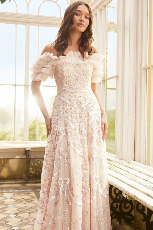Relaxed Weekend Wear Ribbon Heart Off-Shoulder Ankle Gown