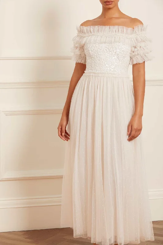 Casual Comfort Sequin Wreath Bodice Off-Shoulder Ankle Gown