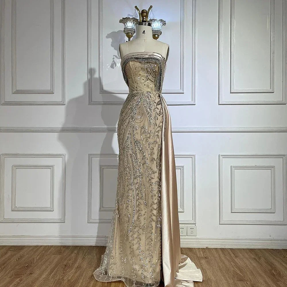 Soft Comfort Wear Serene Hill 2024 Arabic Nude Strapless Satin Mermaid Beaded Luxury Dubai Evening Gown with Side Skirt for Women's Party LA72665 Soft Comfort Wear Serene Hill 2024 Arabic Nude Strapless Satin Mermaid Beaded Luxury Dubai Evening Gown with Side Skirt for Women's Party LA72665