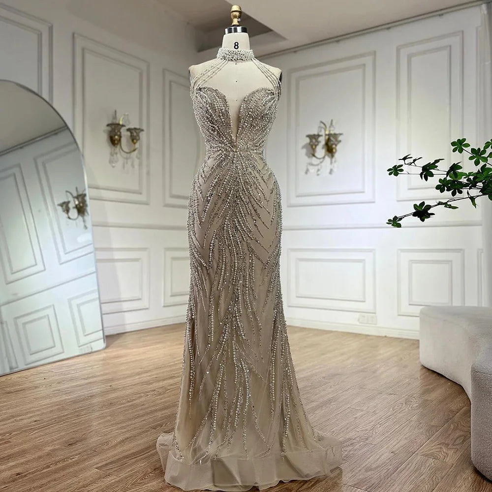 Casual Chic Looks Serene Hill 2024 Arabic Nude Halter Neck Mermaid Pearls Beaded Luxury Dubai Evening Gown for Women's Party LA72696