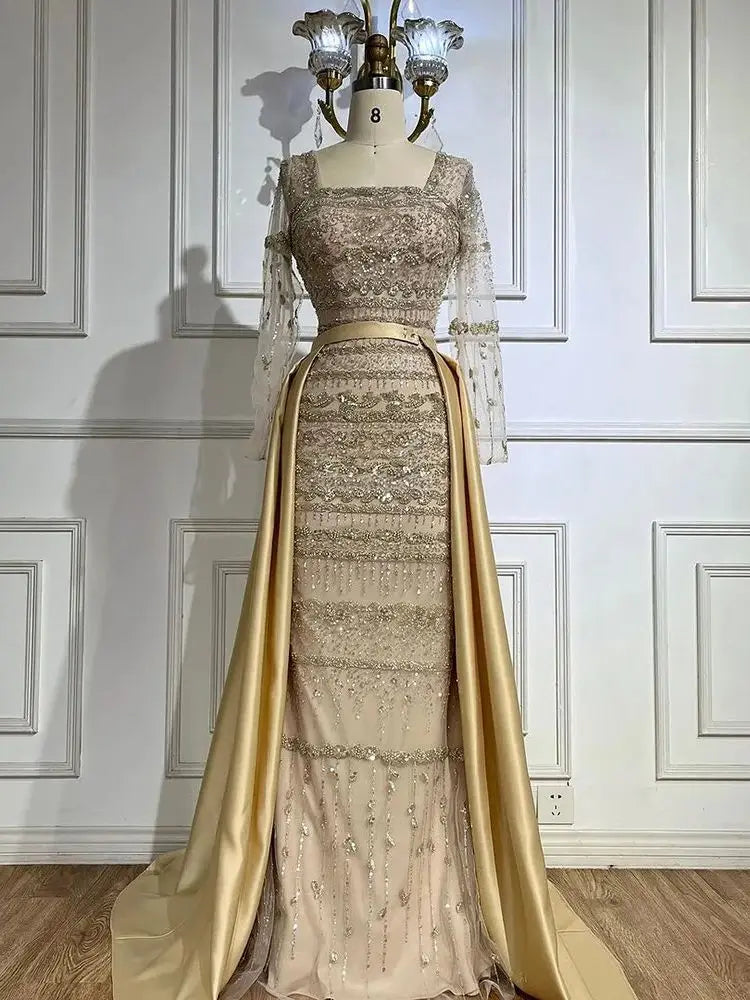 Elegant Casuals Serene Hill 2024 Arabic Nude Mermaid Beaded Luxury Dubai Evening Gown with Detachable Satin Overskirt for Women's Party LA72126A Plush Size Elegant Casuals Serene Hill 2024 Arabic Nude Mermaid Beaded Luxury Dubai Evening Gown with Detachable Satin Overskirt for Women's Party LA72126A Plush Size