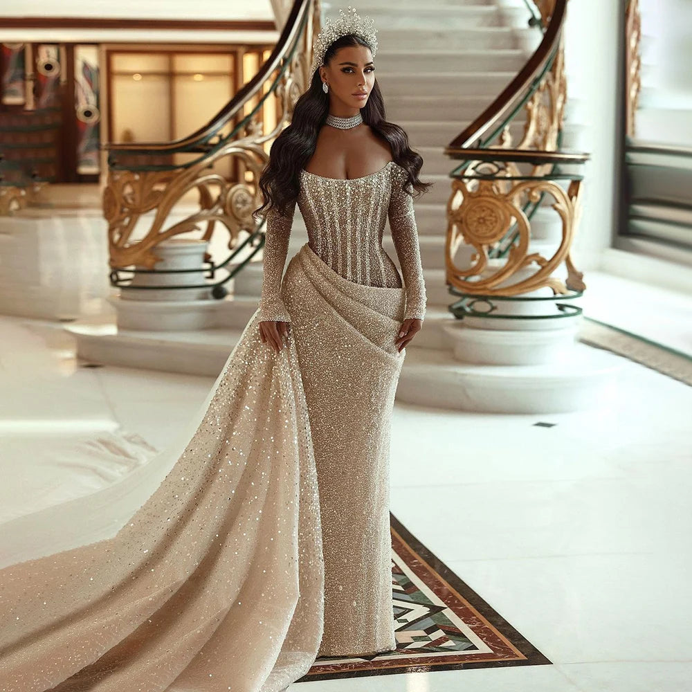 Stylish Jackets Serene Hill 2024 Dubai Nude Strapless Mermaid Dress with Overskirt Beaded Luxury Evening Gown for Women Wedding Party LA72291