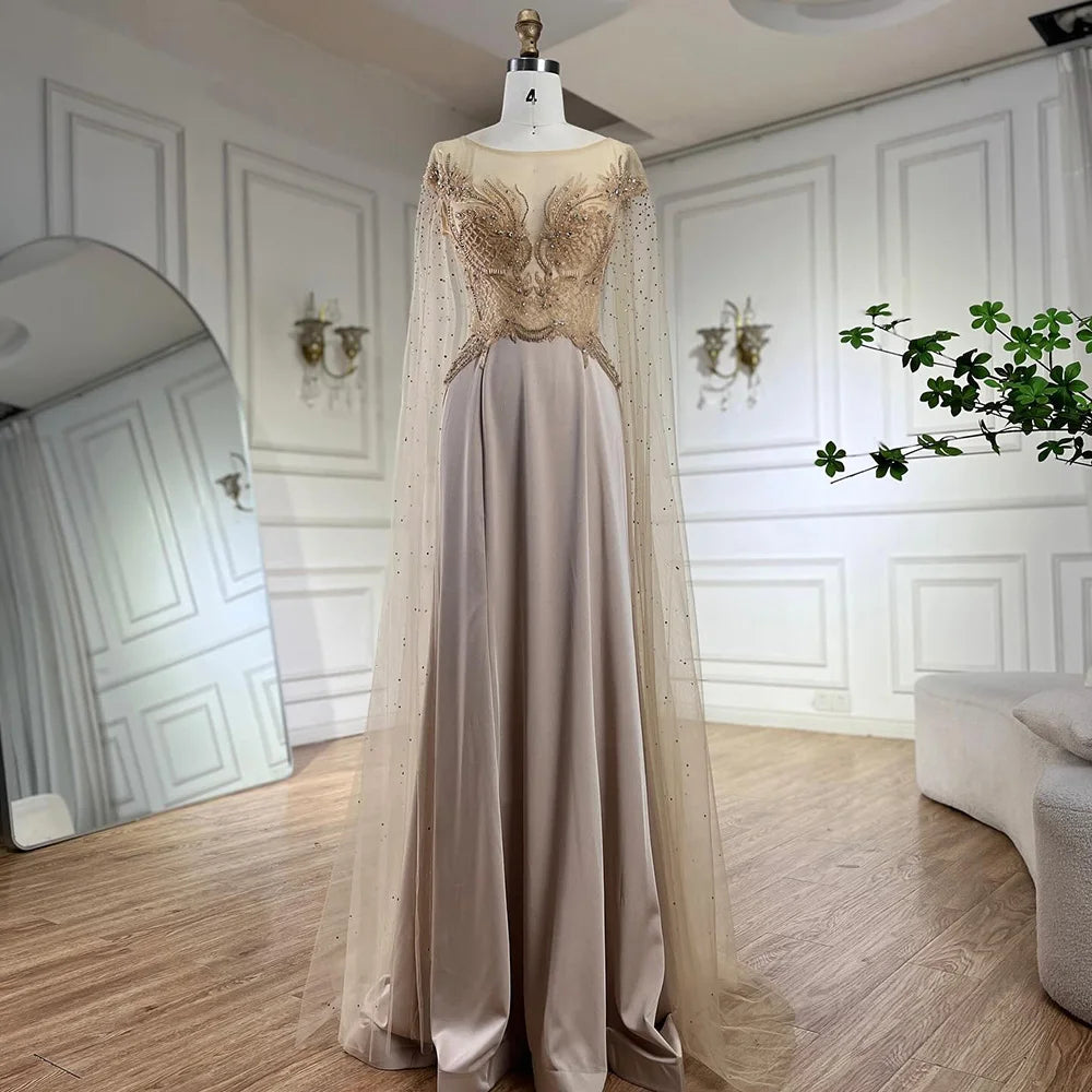 Relaxed Tops Serene Hill 2024 Nude Cape Sleeves Satin A Line Lace Beaded Luxury Dubai Evening Dresses Gowns for Women Wedding Party LA72702 Relaxed Tops Serene Hill 2024 Nude Cape Sleeves Satin A Line Lace Beaded Luxury Dubai Evening Dresses Gowns for Women Wedding Party LA72702