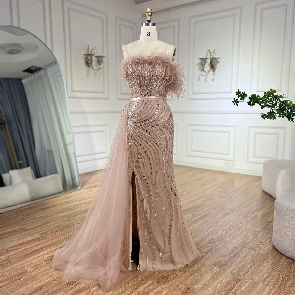 Effortless Outfits Serene Hill 2024 Nude Mermaid Gown Strapless Overskirt Feather Beading High Split Evening Dress for Women Parties LA72311