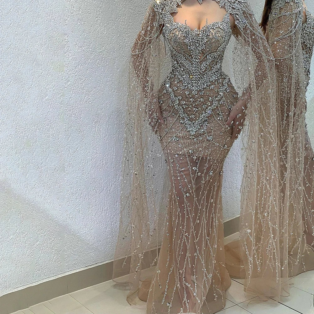 Warm Layers Serene Hill 2024 Nude Mermaid Evening Dress with Beaded Crystal Removable Cape Sleeves Gown for Formal Occasion LA72539 Warm Layers Serene Hill 2024 Nude Mermaid Evening Dress with Beaded Crystal Removable Cape Sleeves Gown for Formal Occasion LA72539