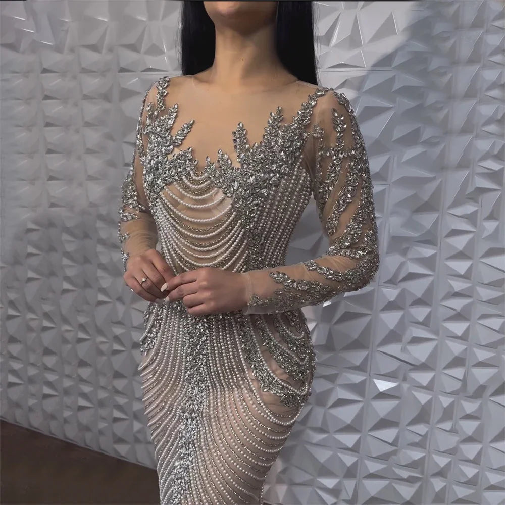 Relaxed Fashion Serene Hill Arabic Luxury Crystal Pearls Sliver Nude Dubai Evening Dresses for Women Wedding Formal Prom Party Gown 2024 LA72478