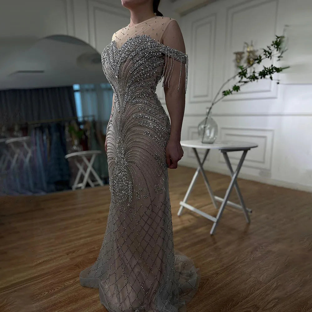 Urban Chic Serene Hill Arabic Silver Nude Mermaid Elegant Tassel Beaded Luxury Dubai Evening Dresses Gowns For Women Party 2024 LA71906 Urban Chic Serene Hill Arabic Silver Nude Mermaid Elegant Tassel Beaded Luxury Dubai Evening Dresses Gowns For Women Party 2024 LA71906