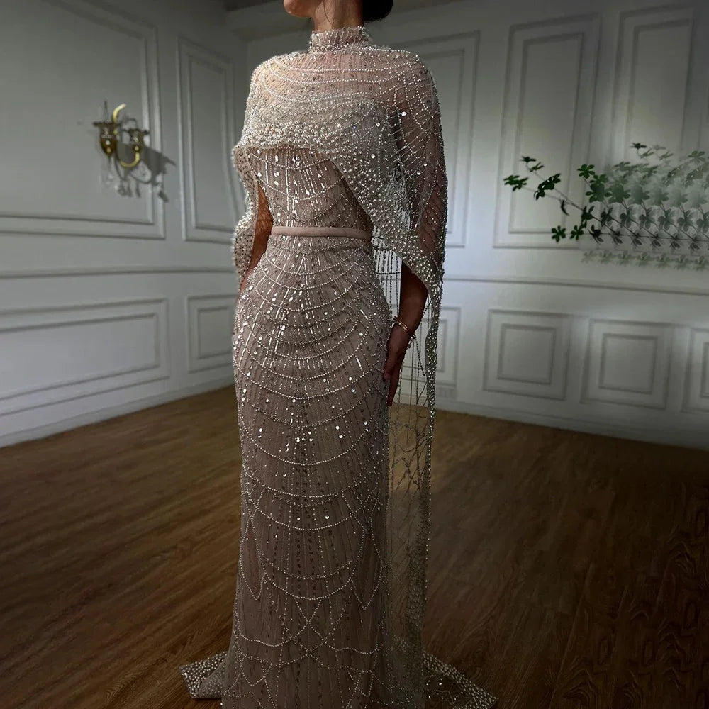 Warm Wear Serene Hill Dubai Arabia Nude Mermaid Long Cape Luxury Evening Dresses Gowns 2024 For Women Wedding Party LA72032