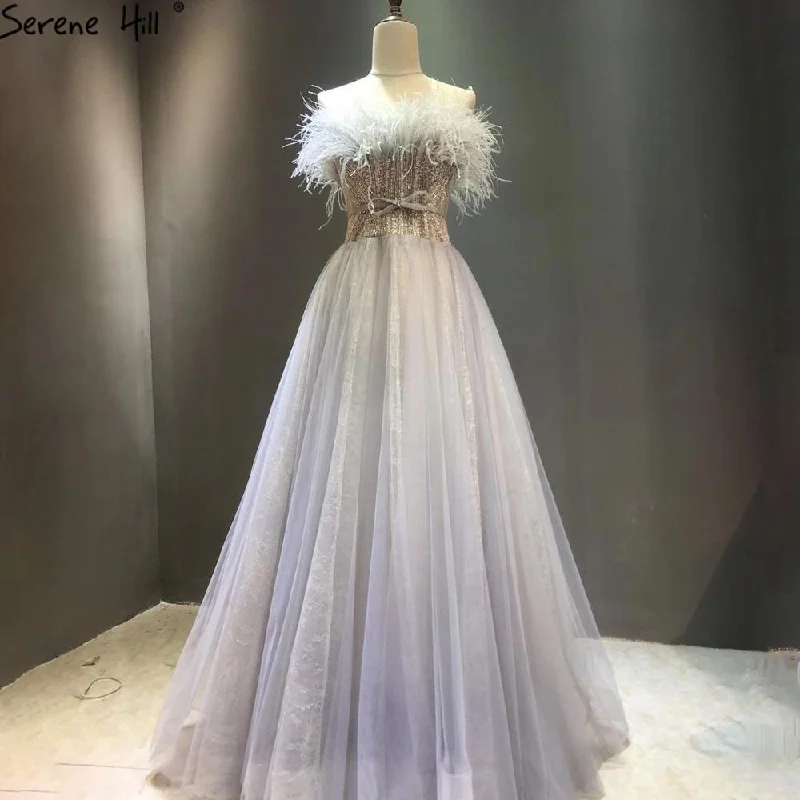 Comfortable Jeans Serene Hill Grey A-Line Luxury Evening Dresses Gowns 2024 Beaded Feather Sexy For Women Wedding Party LA70803
