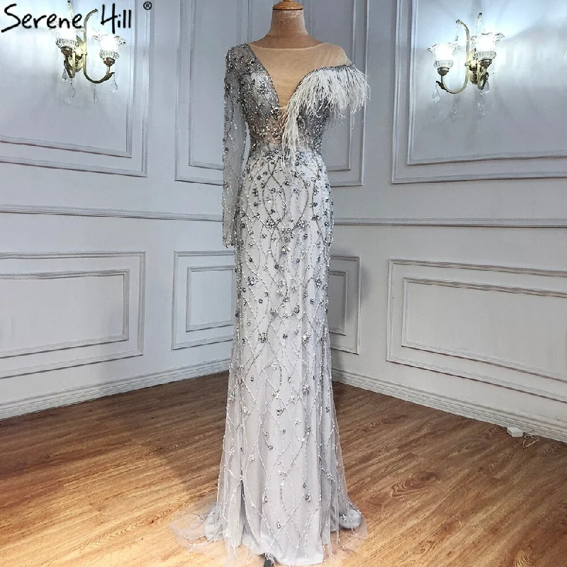 Easy-to-Wear Serene Hill Grey Mermaid Luxury Evening Dresses Gowns 2024 Feather Beaded Elegant For Women Party LA71174