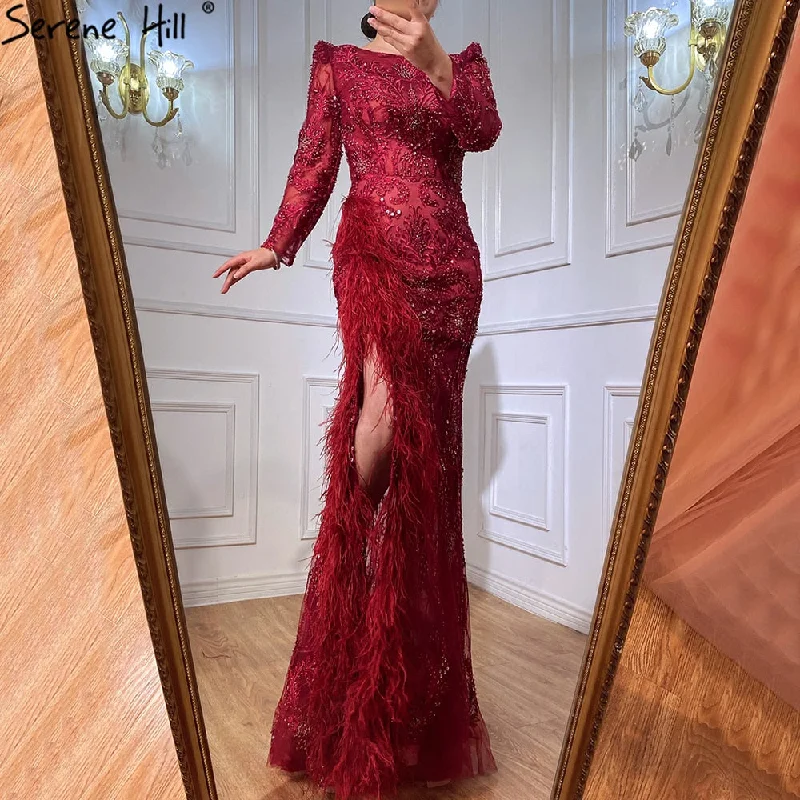 Fashion Comfort Serene Hill Grey Mermaid Split Luxury Evening Dresses Gowns 2024 Elegant Beadings Feathers Formal Women Party LA70828