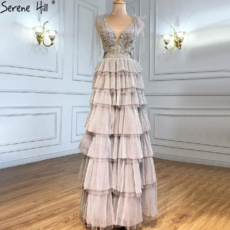 Trendy Dresses Serene Hill Grey Nude A-Line Evening Dresses 2024 Luxury Beaded Tiered Sexy For Women Wedding Party LA71228