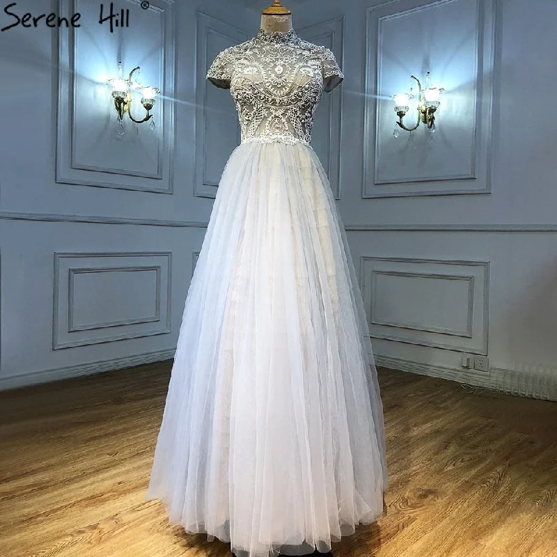 Cozy Chic Wear Serene Hill Grey Nude A-Line Evening Dresses Gowns 2024 Crystal Beaded Sexy For Women Wedding Party LA71159