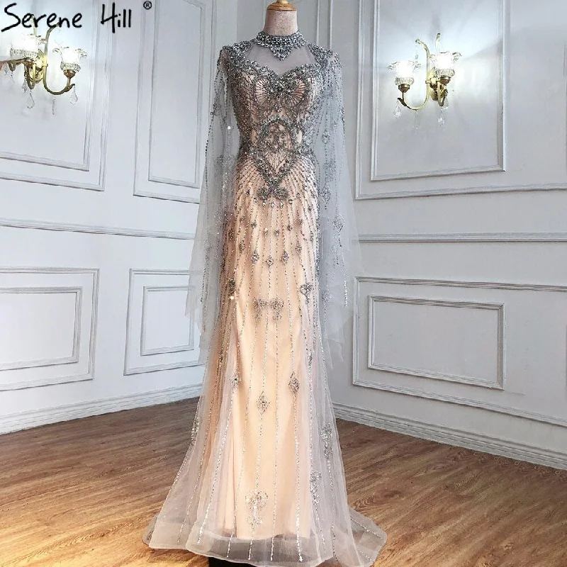 Cozy Footwear Serene Hill Luxury Grey Nude Cape Sleeves Evening Dresses Gowns 2024 Beaded Mermaid Elegant Sexy For Woman Party  LA71187