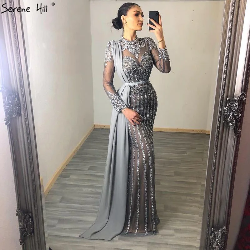 Everyday Outfits Serene Hill Luxury Muslim Gray Luxury Long Elegant with Detachable Train Mermaid Evening Gowns Dresses For Woman LA70199 Everyday Outfits Serene Hill Luxury Muslim Gray Luxury Long Elegant with Detachable Train Mermaid Evening Gowns Dresses For Woman LA70199