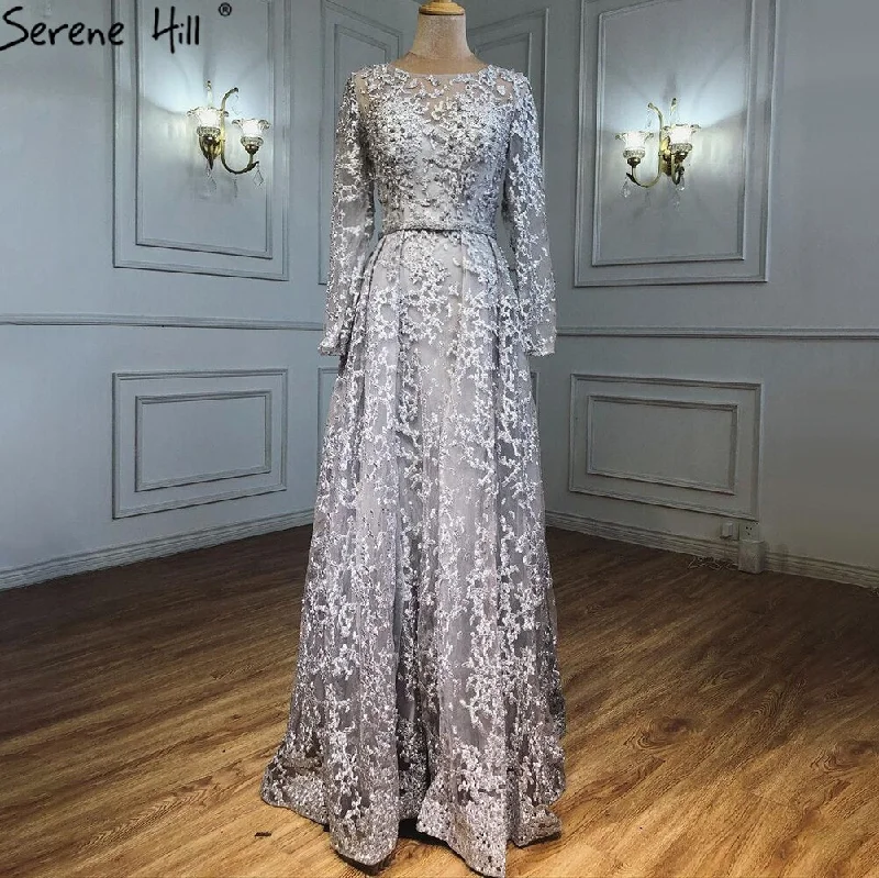 Trendy Looks Serene Hill Muslim Grey A-Line Evening Dresses Gowns 2024 Lace Beaded Luxury For Woman Wedding Party LA71211