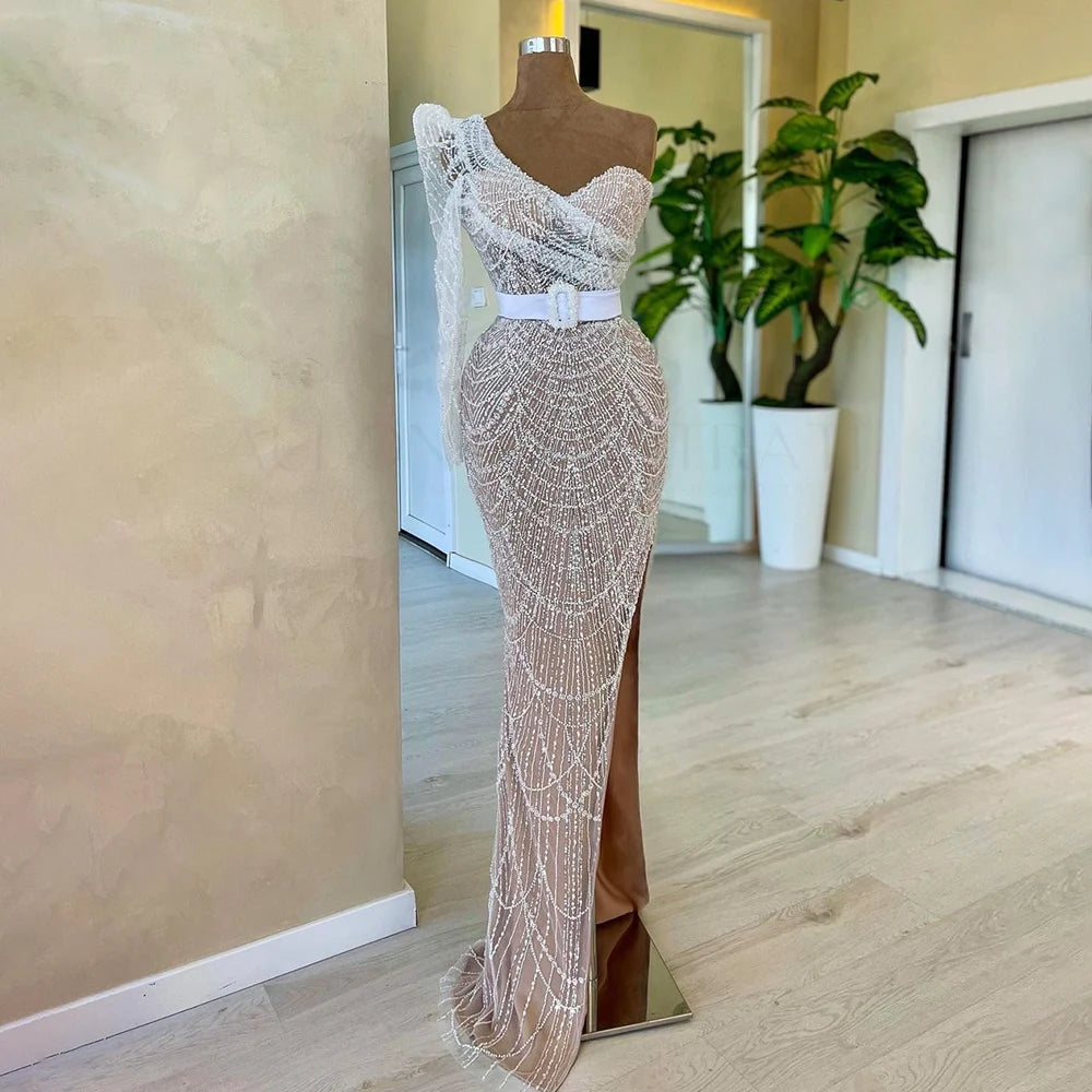 Easygoing Fashion Serene Hill White Nude Mermaid One Shoulder High Split Beaded Luxury Evening Dresses Gowns For Women Wedding Party 2024 LA72269 Easygoing Fashion Serene Hill White Nude Mermaid One Shoulder High Split Beaded Luxury Evening Dresses Gowns For Women Wedding Party 2024 LA72269