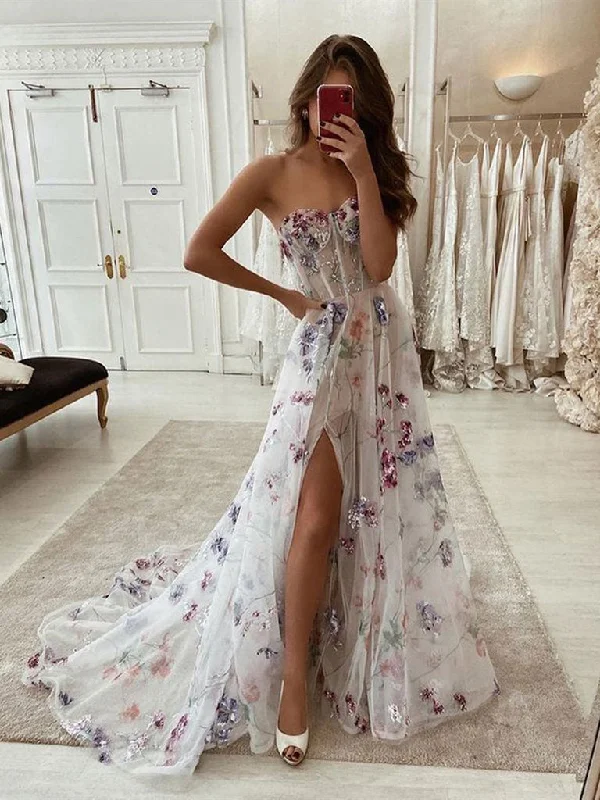 Cozy Chic Trends A line sweetheart neck tulle sequin long prom dress, tulle evening dress