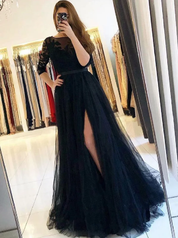 Versatile Style Black round neck tulle lace long prom dress, black evening dress
