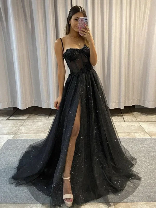 Smart Comfort Wear Black sweetheart neck tulle long prom dress, black tulle evening dress