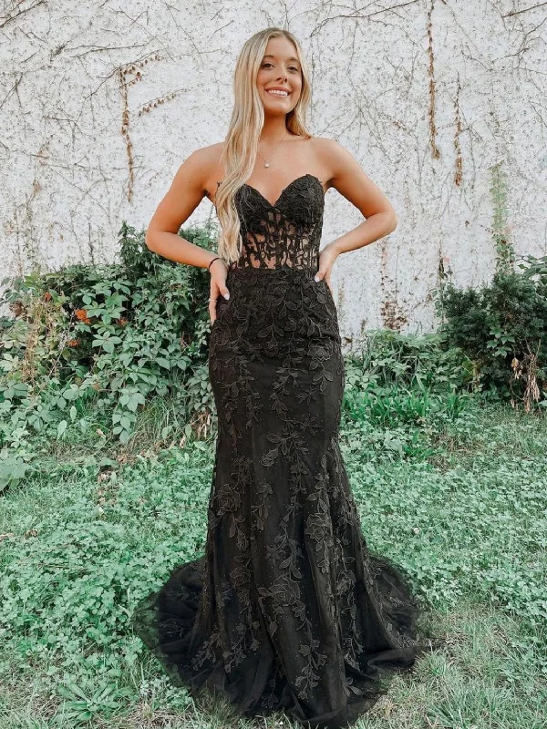 Easy Chic Wear Black tulle lace mermaid long prom dress, black tulle lace evening dress