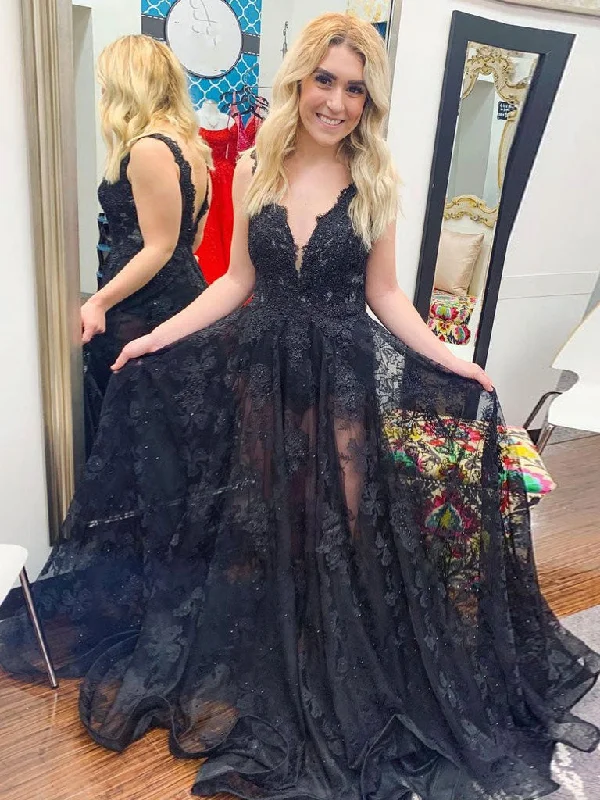 Smart Comfort Wear Black v neck tulle lace long prom dress, black tulle lace evening dress
