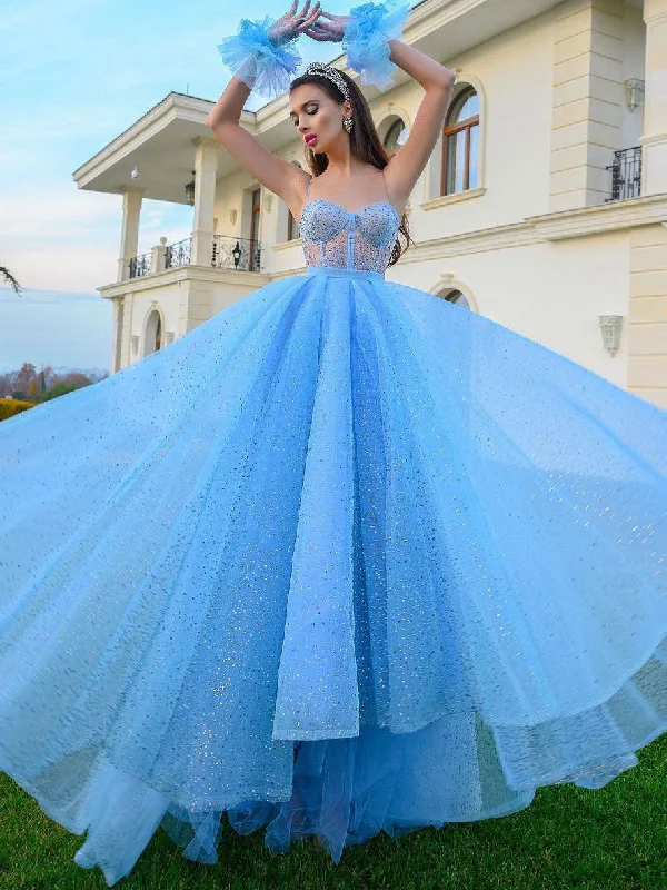 Soft Tops Blue sweetheart neck tulle sequin long prom dress, blue evening dress