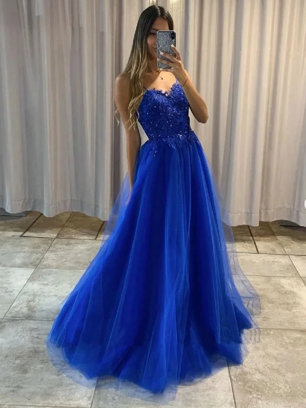 Breezy Comfort Blue tulle lace long prom dress, blue tulle lace evening dress