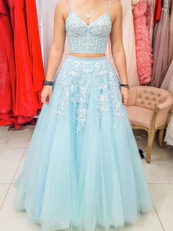 Effortless Dressing Blue tulle lace two pieces long prom dress, blue evening dress