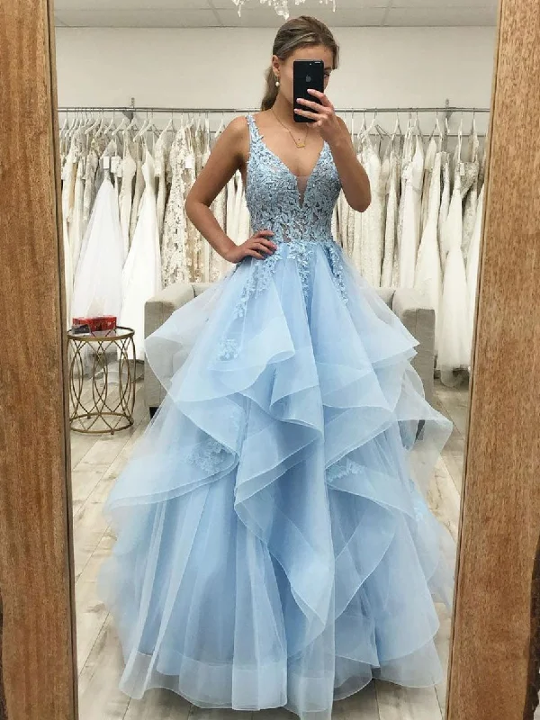 Breathable Style Blue v neck tulle lace long prom dress, blue evening dress
