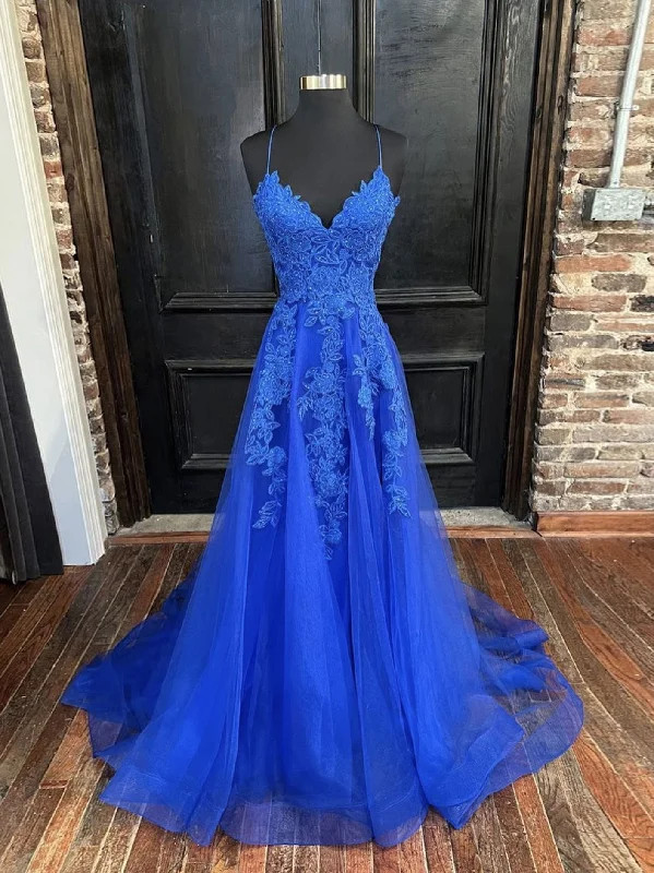 Sporty Wear Blue v neck tulle lace long prom dress, blue lace bridesmaid dress
